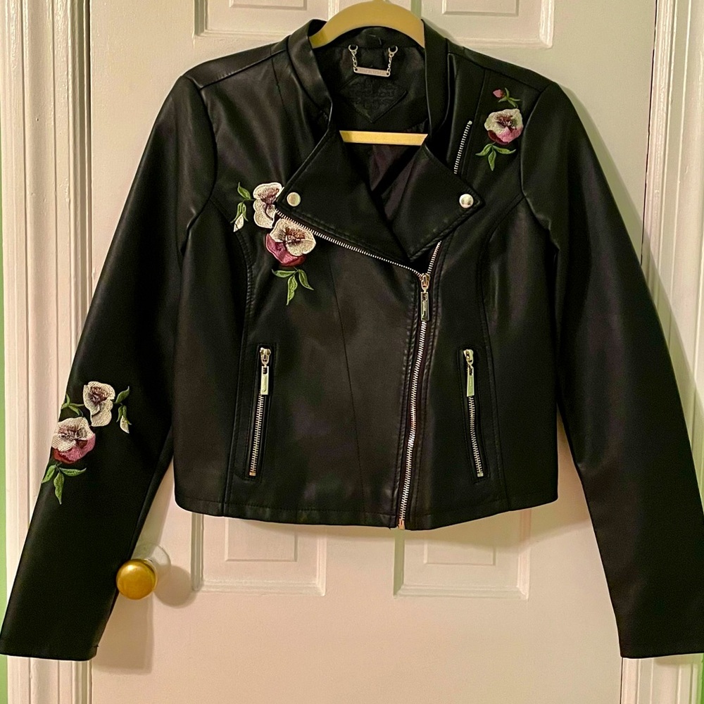 JOU JOU Vegan Leather Embroidered Floral bicker jacket
